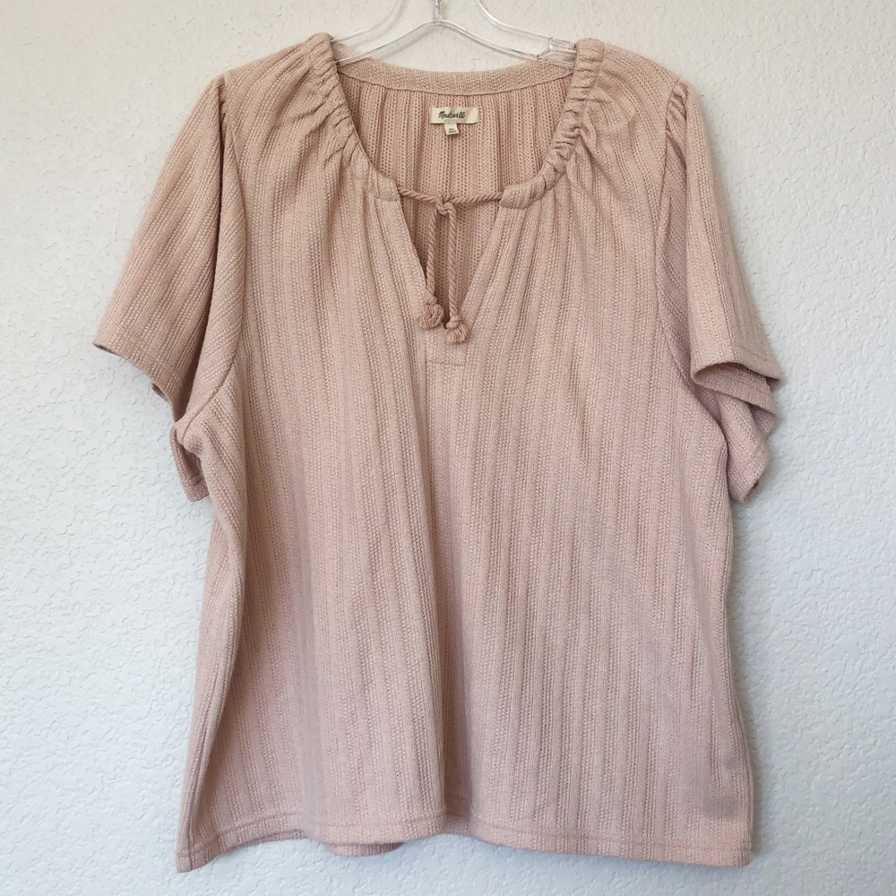 Madewell Pink Knit Short Sleeve Drawstring Neckline Blouse XL